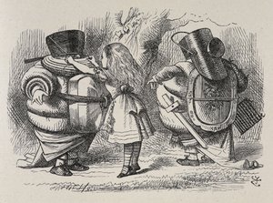 トゥィードルディーとトゥィードルダムに着せ替えをするアリス。 作： John Tenniel