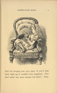 椅子に座って子猫と遊んでいるアリス。 作： John Tenniel