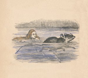 1889年、プールでマウスを使って泳ぐアリス 作： John Tenniel
