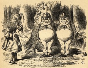Alice with Tweedledum and Tweedledee.イラスト：Sir John Tenniel 作： John Tenniel