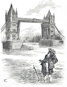 ロンドンのタワーブリッジを眺めるテムズ川の父を描いた漫画 作： John Tenniel