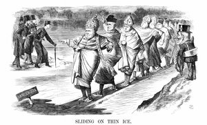 ニューマンをはじめとするイギリス人のローマへの改宗者たちが薄氷を踏むように滑っている一方で、左ではピュージーと彼のアングロ・カソリックの「儀式主義」の友人たちが、身を投じる前に氷を試している。John Tenniel cartoon from Punch London 1869. 作： John Tenniel