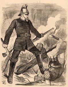 消火活動中のエア・マッセイ・ショウ（1887年8月20日付「パンチ」ロンドン版より）（彫刻
