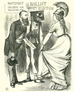 ヒュー・チルダース（1827-1896）イギリスの国会議員、新しい投票箱の成功をブリタニアに伝える。ジョン・テニエルの漫画（1872年8月24日、ロンドンの「パンチ」より 作： John Tenniel