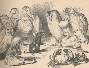 Caucus-Raceとロングテールの章のイラスト。アリスと以下のような様々な生き物 作： John Tenniel