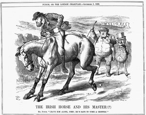 パンチ氏はジョン・ブルに、アイルランドの政治家チャールズ・スチュワート・パーネル（1846-1891）はアイルランドの馬に乗って痛い目に遭うから無視しろと言う。John Tenniel cartoon from Punch London 5 September 1885.エングレーヴィング