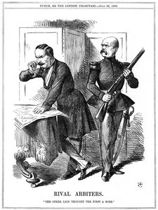 1852年から1870年にかけてフランス皇帝ナポレオン3世（1808-1873）とプロイセン首相オットー・フォン・ビスマルク（1808-1783）がヨーロッパを切り開いていく。両者の思惑が交錯し、1870年から1871年にかけて普仏戦争が勃発した。ジョン・テニエルの漫画（18年7月28日付『パンチ』ロンドン版より 作： John Tenniel