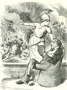 Neutrality under Difficulties（困難下の中立）」。露土戦争をめぐって行動を起こすことを拒否するイギリス保守党首相ベンジャミン・ディズレーリ。1875年8月5日、ロンドンの「パンチ」に掲載されたジョン・テニエルの漫画。 作： John Tenniel