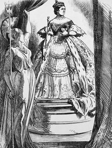 ブリタニアに促されて、長い喪に服していたヴィクトリア女王がこの世に戻ってくる。 作： John Tenniel