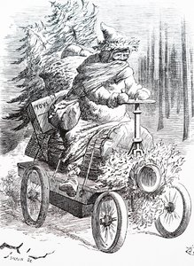 雪の中を疾走するサンタ。ジョン・テニエル（1820-1914）：イギリスのイラストレーター、グラフィック・ユーモリスト、政治漫画家 作： John Tenniel