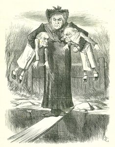 Set Down Two, and Carry One...」。議論の的となったアイルランド法案のうち、どちらを破棄するかで迷う英国首相グラッドストーン。1886年4月3日、ロンドンの『パンチ』に掲載されたジョン・テニエルの漫画。 作： John Tenniel