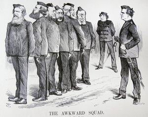 The awkward squad.ジョン・テニエルの漫画。露土戦争の方針について、内閣内で意見が分かれていたディズレーリの苦悩 作： John Tenniel
