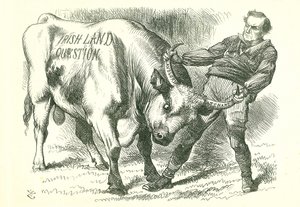 Taking the (Irish) Bull by the Horns:1870年2月15日に議会で可決され、7月8日にロイヤルアセントを得た法案。この問題に対処するウィリアム・グラッドストン首相。1870年2月26日、ロンドンの『パンチ』に掲載されたジョン・テニエルの漫画。 作： John Tenniel