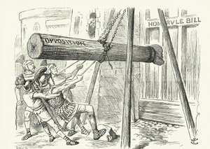 The Assault」です。リーダーのソールズベリー卿の頭を持った叩き棒で保守党の反対派から攻撃を受けるグラッドストーンの自由党の内政干渉法案。ジョン・テニエルの漫画（ロンドンの「パンチ」より 作： John Tenniel
