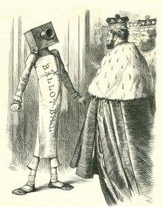 貴族院に立ちはだかる投票法案。1872年7月20日、ロンドンの「パンチ」に掲載されたジョン・テニエルの漫画。