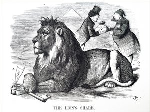 イギリス政府はロスチャイルド家にスエズ運河の株を買い取る権限を与えた。 作： John Tenniel