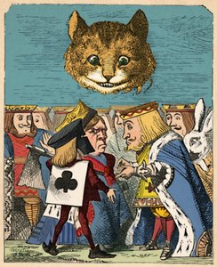 議論を交わしているレッドキングとクイーンを見下ろすチェシャ猫、1889年 作： John Tenniel
