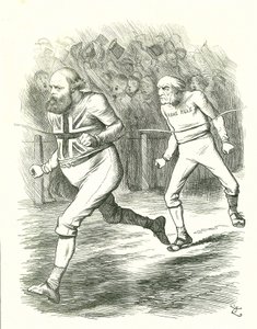 ザ・フィニッシュ1886年の総選挙。グラッドストーン（自由党）は、アイルランドの家庭内統治法案をめぐって国に乗り込んだ。ソールズベリー（保守党）がグラッドストーンを破ってゴールイン。ジョン・テニエルの漫画（ロンドンの「パンチ」より 作： John Tenniel