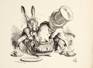 マッドハッターとマーチヘアは、ティーマウスにヤマネを入れました。 1891 作： John Tenniel