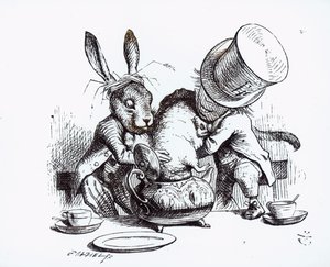 マッドハッターとマーチヘアがヤマネをティーポットに入れたイラスト、「不思議の国のアリスの冒険」、ルイスキャロル作、1865年 作： John Tenniel