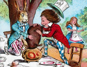 マッドハッターとマーチヘアはヤマネをティーポットに入れようとしたc1910 作： John Tenniel