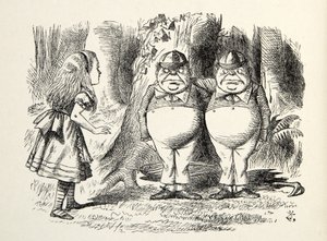 トゥウィードルダムとトゥウィードルディー、挿絵からのイラスト、ルイス・キャロル（1832-98）、1872 作： John Tenniel