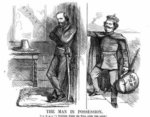 イタリアの統一。1861年2月からイタリアの初代国王となったヴィクトル・エマニュエル2世（1820-1878）が、ガリバルディ（1807-1882）が赤シャツ隊を率いて新イタリア王国のために征服したナポリの門を叩いている。ジョン・テニエルの漫画（Puncより 作： John Tenniel
