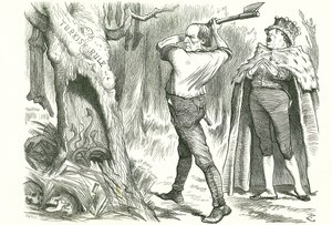 Woodman, Spare That Tree」。ディズレーリ（ビーコンズフィールド卿）の保守派が、自由派のグラッドストーンに「毒蛇の巣を乱すな」「トルコ問題は放っておけ」と忠告したもの。1877年5月26日、ロンドンの「パンチ」に掲載されたジョン・テニエルの漫画。 作： John Tenniel