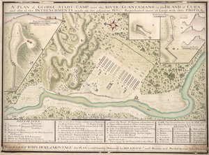 キューバ島のグアンタマーノ川近くにあるジョージ・シュタット・キャンプの平面図と、隣接する丘に作られた塹壕の平面図。