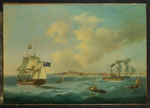 1825年、ガーンジーのセントピーターポート沖の44ガンフリゲート、パッセンジャースチーマー、およびその他の船積み 作： John Thomas Serres