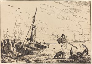 海兵隊: 海岸の漁船、櫂を持つ男、遠方の船 作： John Thomas Serres