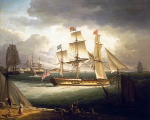 港の沖合に停泊する王室のヨット「ロイヤル・ソブリン 作： John Thomas Serres