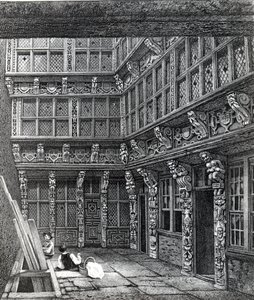 1815年にスミスの「ロンドンの古代地形」に掲載された、松葉杖で修道士のハートストリートに最近立った壮大な邸宅 作： John Thomas Smith