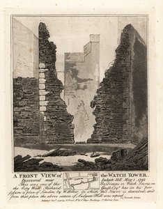1792年5月1日、ラッドゲート・ヒルの近くで発見されたシティ・ウォールのウォッチ・タワーまたはバービカンの正面図 作： John Thomas Smith