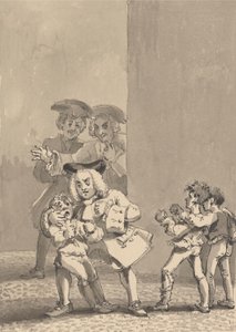 Hogarth tendo sido seguido por Barry e um amigo foi pego apoiando um menino para lutar propositalmente para pegar seu semblante medroso 作： John Thomas Smith