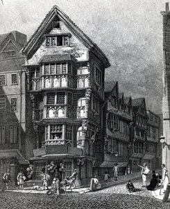 1812年に公開されたフリートストリート、チャンスリーレーンの西隅に最近立っている家 作： John Thomas Smith