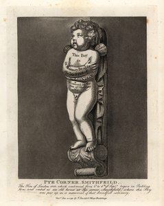 スミスフィールドのパイ・コーナーにある少年のモニュメント、1666年のロンドン大火を記念して、近くのプディング・レーンにある