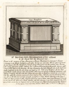 商人であり、ペルシャ大使Nogdi begの秘書であったCoya Shawsware, or Khwaja Shahsuwar (1582-1626)のイスラム教祭壇様式の墓碑、元St Botolphs, Bishopsgateにある。 作： John Thomas Smith