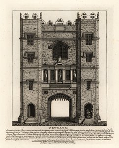 ロンドン大火の後、1672年に再建されたニューゲートには、ロンドン市長リチャード・ウィッティントンが建設した旧ゲートから、Justice（正義）、Fortitude（不屈）、Prudence（賢明）の3人の人物が配置されています。 作： John Thomas Smith