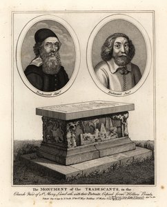 博物学者・収集家のJohn Tradescant the ElderとYoungerの楕円形の肖像画と、St Mary Lambeth教会の墓地にある彼らの墓碑 作： John Thomas Smith