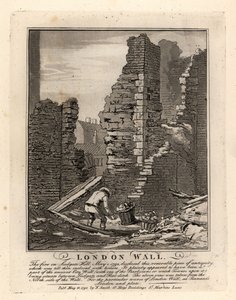 1792年5月の火災でLudgate Hillに露出したローマ時代のロンドン・ウォールの跡 作： John Thomas Smith