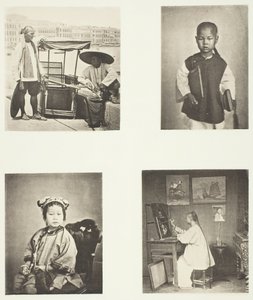 香港のセダンチェア、中国人の男子生徒、中国人の少女、香港の芸術家、c. 1868年。 作： John Thomson