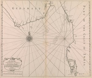 ディウ・ヘッドからボンベイまでのグザラット＆インド沿岸の一部の大きな海図。(印刷) 作： John Thornton