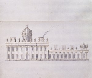 ヨークシャーのキャッスルハワード：前庭の翼の発達を示す概略的な鉛筆画、c.1699（ペンと茶色のインクと灰色のウォッシュ） 作： John Vanbrugh