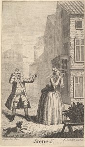 Moliere の Sganarelle の口絵、ou le Cocu Imaginaire The Imaginary Cuckold、ca. 1732年。 作： John Vandergucht