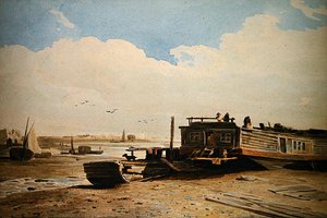 ロンドン、テムズ川に浮かぶクーパーズ・バージ（水彩・紙） 作： John Varley