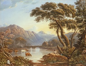 Beddgelert 橋、北ウェールズ (水彩) 作： John Varley
