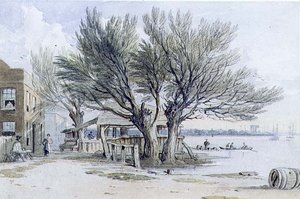 テムズ川岸のビルと枯れ木、ミルバンク（水彩、鉛筆、ペン＆インク 作： John Varley