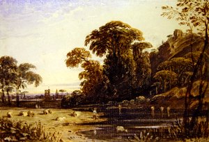 丘の上の塔のある風景（水彩・紙） 作： John Varley