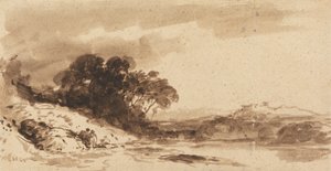 二人の人物がいる川の風景、湖と遠くの山々 作： John Varley
